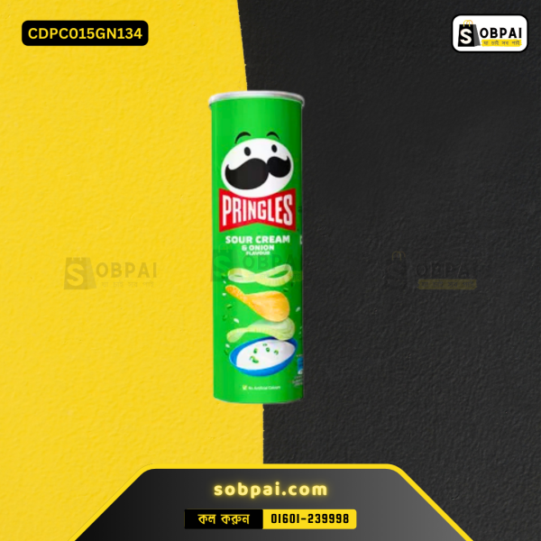 Pringles Sour Cream & Onion Chips can with crispy chips visible.