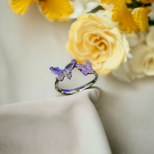 Close-up view of SobPai Luxury Zircon Butterfly Ring highlighting its intricate butterfly design and sparkling zircon stones.