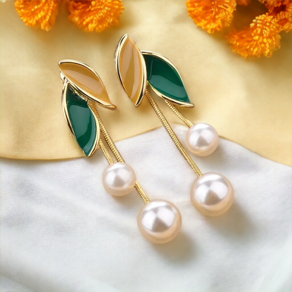 "SobPai Pearl Leaf Tassel Earrings for Women"