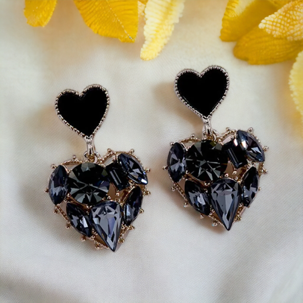 Elegant Black Rhinestone Heart Earrings for Women