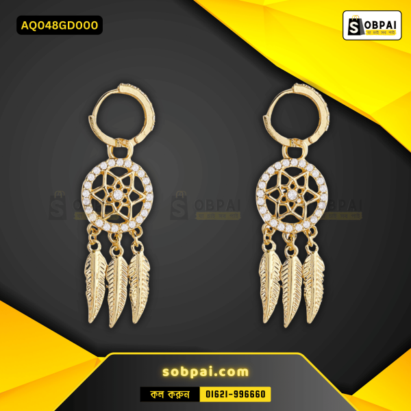 Close-up of SobPai feather zircon tassel earrings with gold-color finish