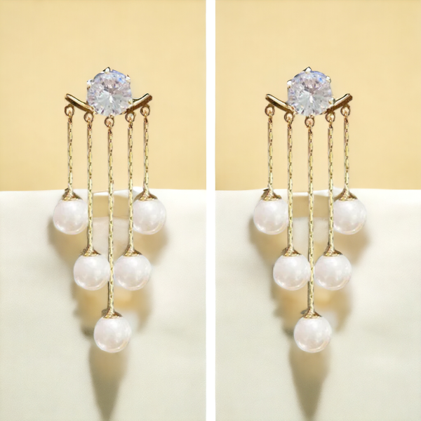 Close-up view of SobPai Zircon Pearl Tassel Earrings with geometric patterns.