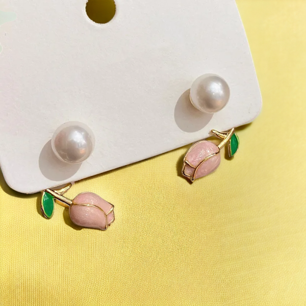 Elegant pink tulip pearl stud earrings for women"