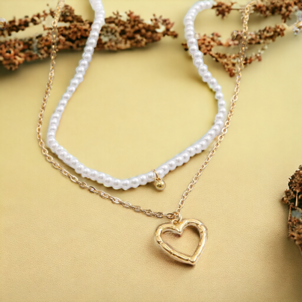 Double Layer Pearl Heart Necklace by SobPai in KM-1 Metal Color