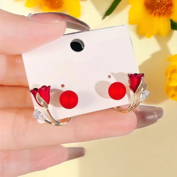 Close-up of SobPai Korean Red Rose Stud Earrings with imitation pearls and gold color