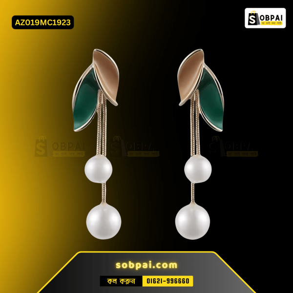 Leaf pearl tassel clip-on earrings in gold-plated alloy.