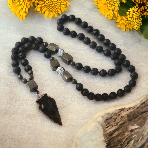 "SobPai Natural Lava Stone Square Shape Pyrite Rosary Bead Necklace with Black Obsidian Arrow Pendant"