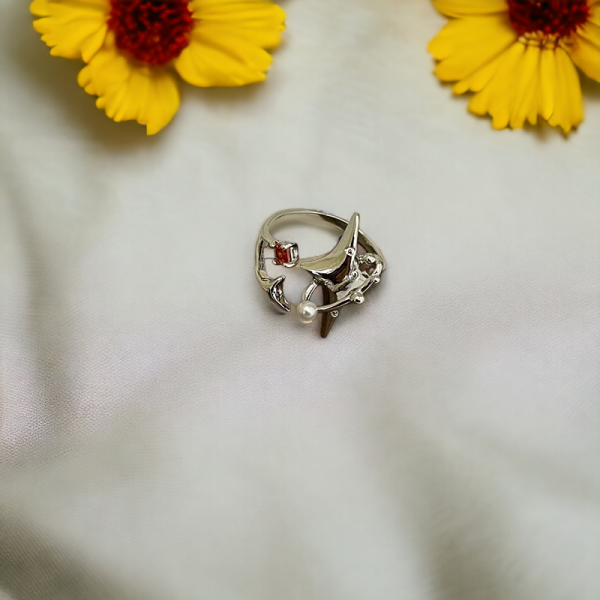 Close-up view of SobPai Irregular Zircon Star Ring with sparkling stones.