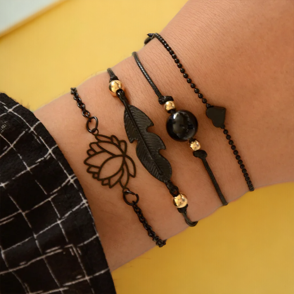 Gothic black feather bracelet set with heart charms for women