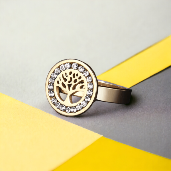 SobPai stainless steel engagement ring with the tree of life design and zircon stone, in gold finish."