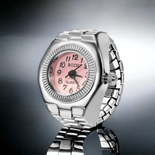 Digital time display on green quartz stone of SobPai watch ring."