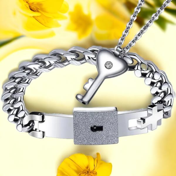 Titanium Couple Heart Lock Bracelet and Key Necklace Set