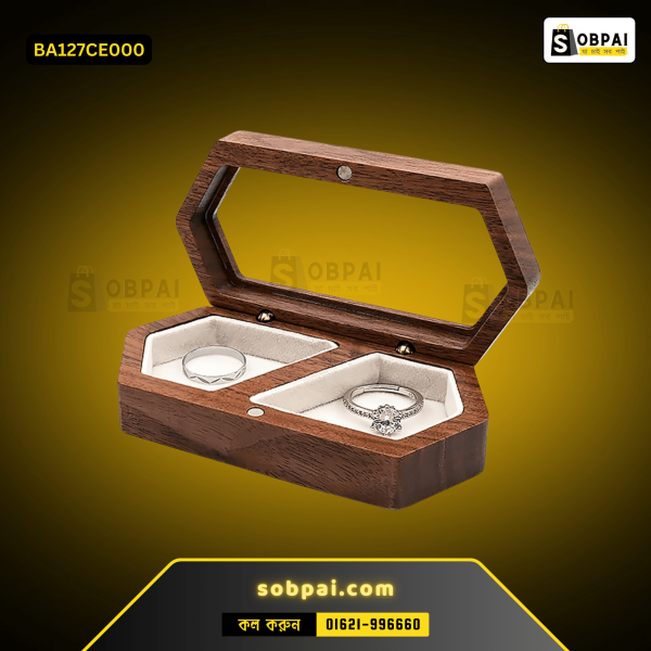 High-quality walnut wood ring box with velvet lining.