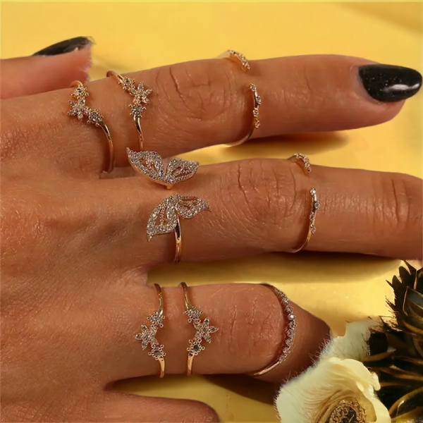 Bohemian Butterfly Ring Set with Crystal Inlaid Flowers