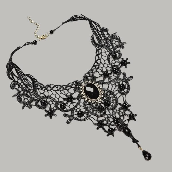 Women's vintage lace necklace with hollow-out black clavicle chain, front view