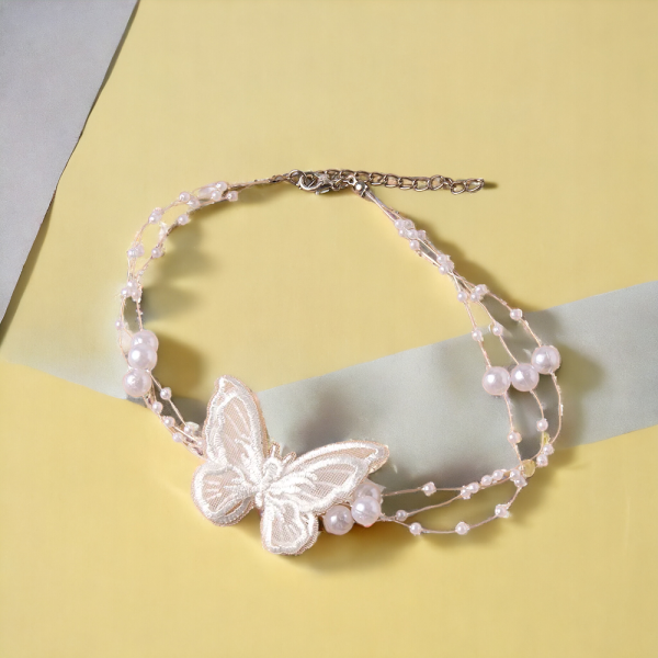 SobPai Multilayer Pearl Choker Necklace with red Pearl and Butterfly Motif"