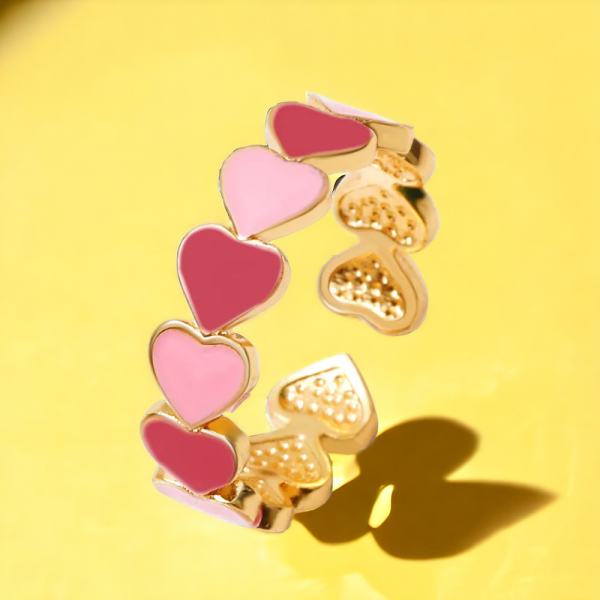 Resizable Pink Enamel Love Heart Ring for Women