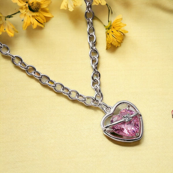 SobPai Hollow Pink Crystal Heart Pendant Necklace for Women