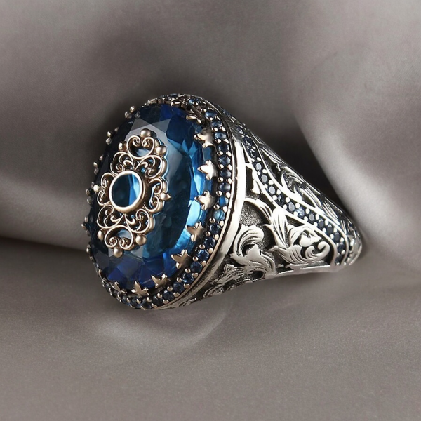 Detailed close-up of the blue zircon inlay on the SobPai Retro Turkish Signet Ring for women.