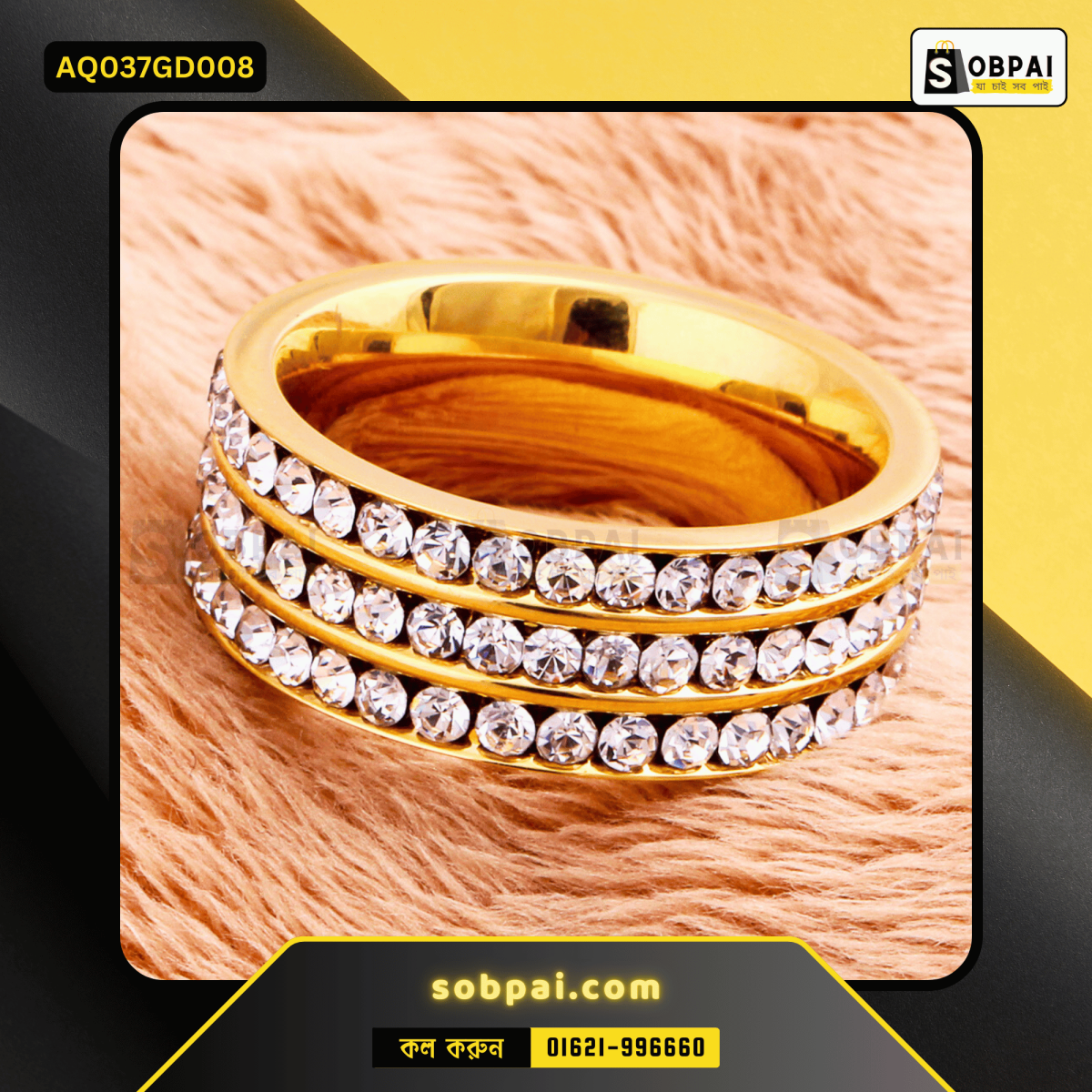 Front view of crystal-studded gold ring for women