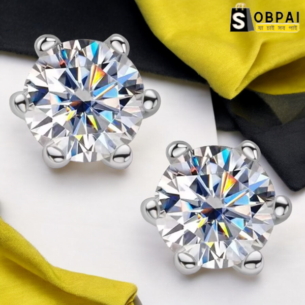 Front view of SobPai Classic Moissanite and Diamond Earrings with six-prong setting.