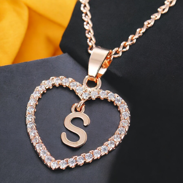 Front view of SobPai 'S' Alphabet Pendant Necklace in rose gold