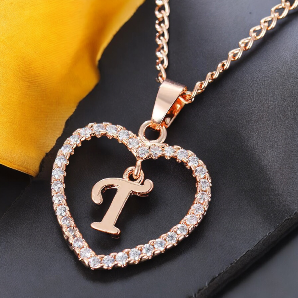 Rose Gold Letter T Pendant Necklace with Rhinestones