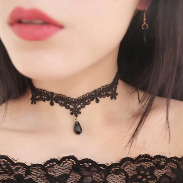 "SobPai choker necklace featuring lace and rhinestones, perfect for special occasions."