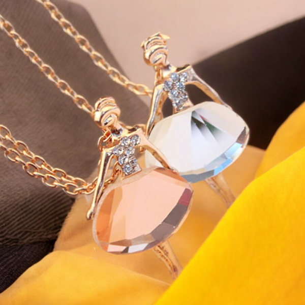 Women Rhinestone Ballet Girl Pendant Necklace on Sweater