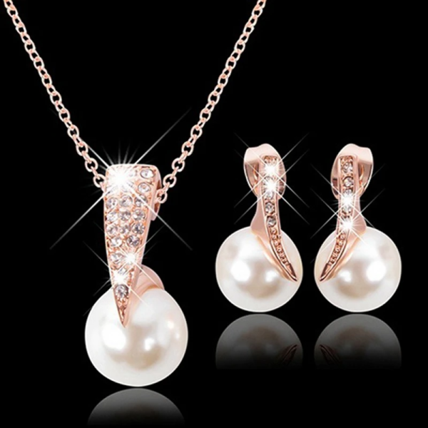 SobPai Wedding Jewelry Set with Crystal Faux Pearl Pendant Necklace and Earrings