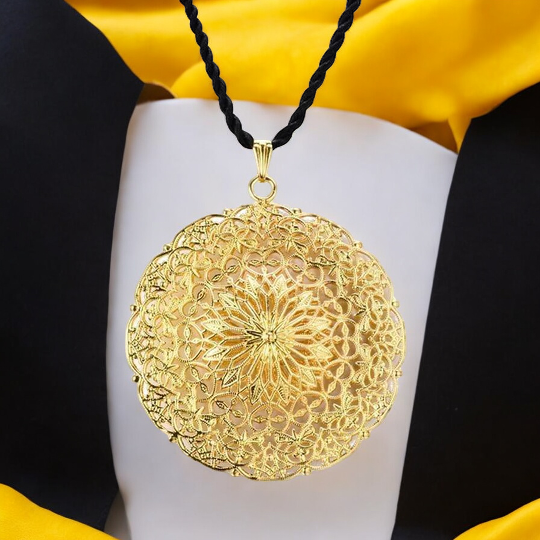 Front view of Traditional Ethiopian Gold Necklace showcasing intricate sun-inspired design.