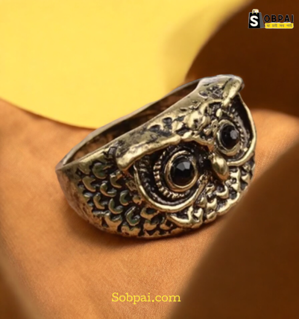 Front view of SobPai Bronze Owl Ring showcasing intricate owl design.