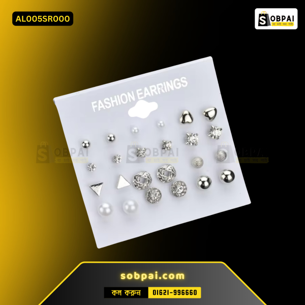 Fashionable stud earrings set with 12 pairs featuring mixed designs.