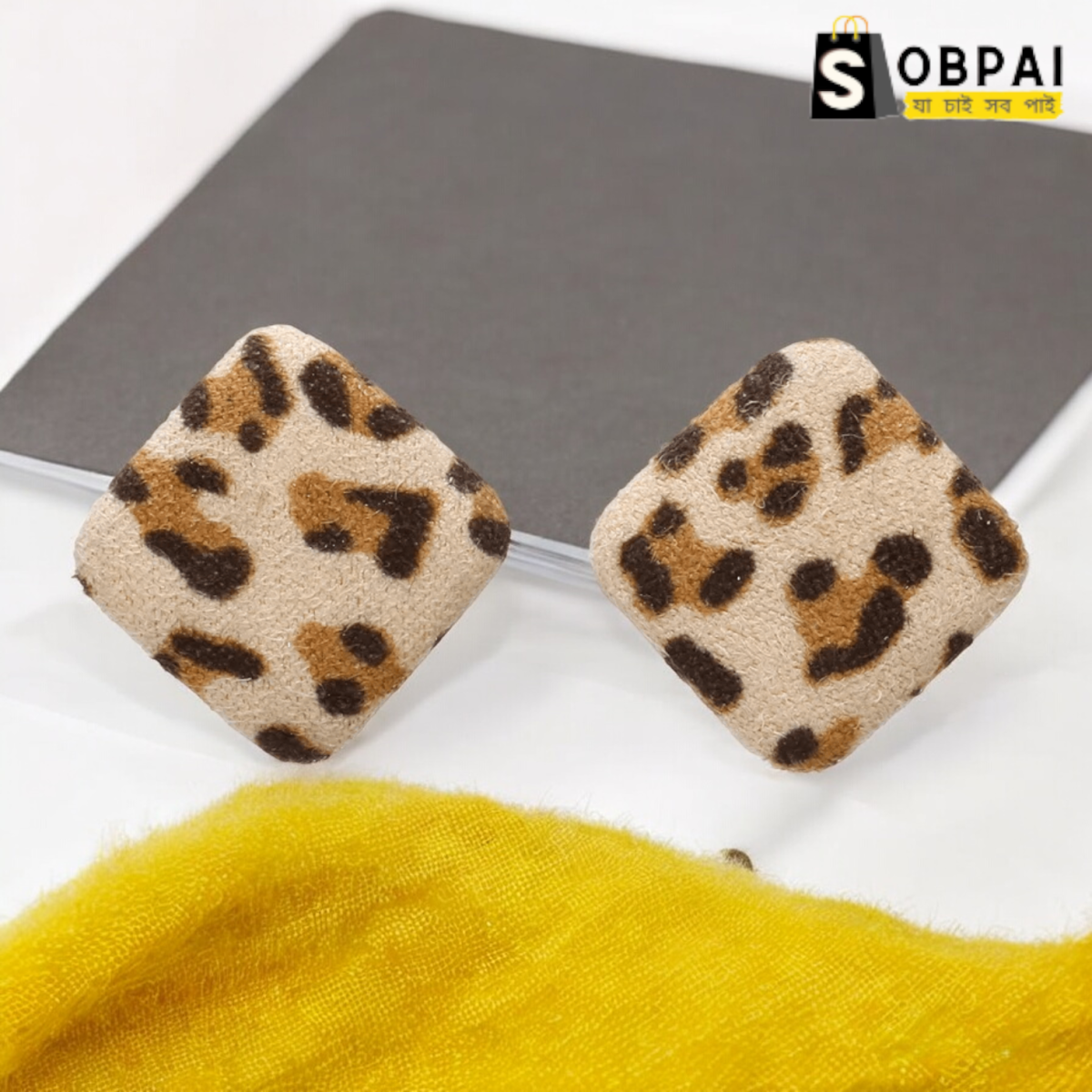 Square stud earrings with leopard print design by SobPai