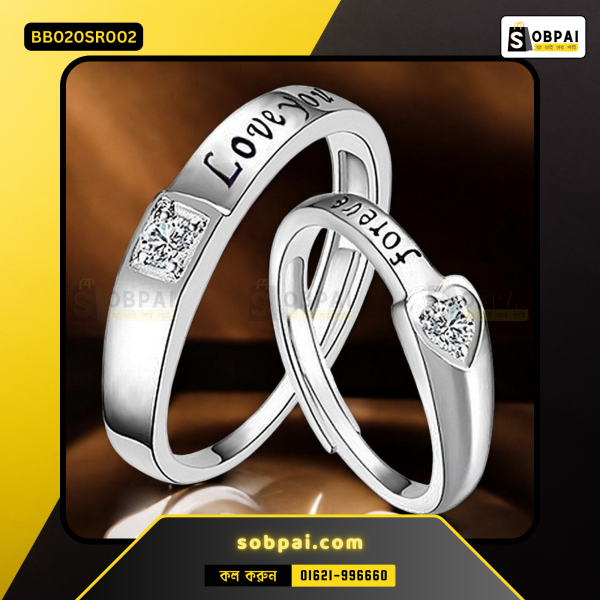 SobPai high-quality 925 sterling silver couple rings with heart-shaped crystal centerpiece.