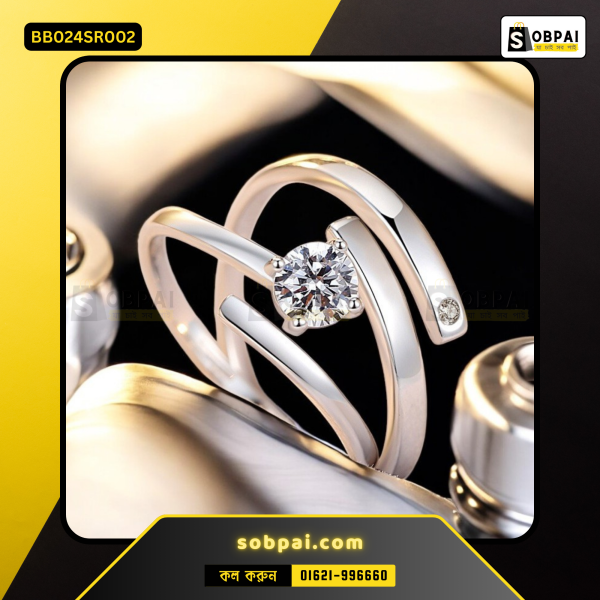 SobPai silver color couple rings with cubic zirconia and geometric design.