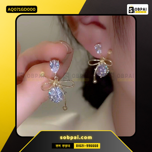 SobPai gold mesh zircon bowknot drop earrings for women