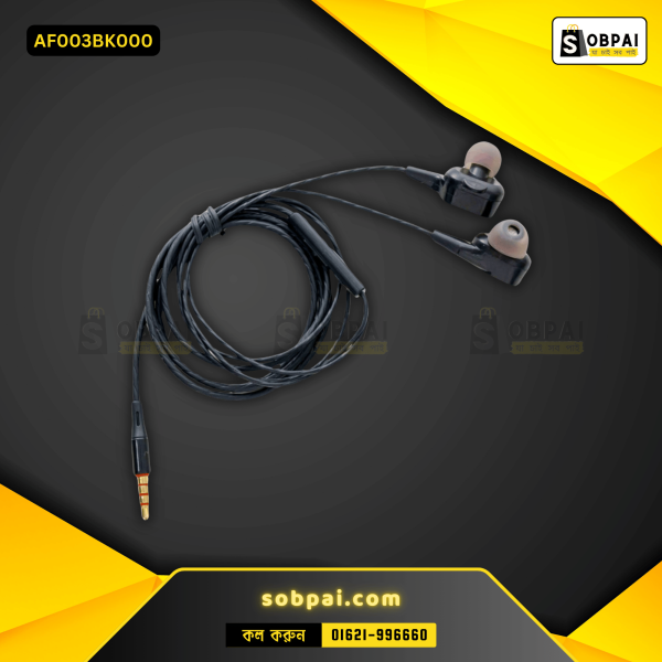 Close-up of SobPai 3.5mm wired earphones featuring silicone ear pads and built-in microphone