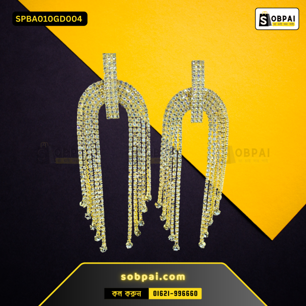 Close-up of SobPai’s long tassel crystal drop earrings with rhinestone embellishments