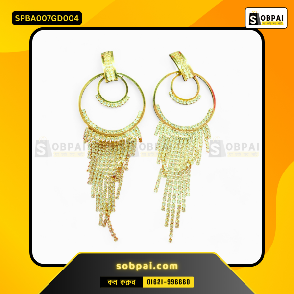 Close-up view of Antique Gold Diamond White Stone Tassel Drop Earrings