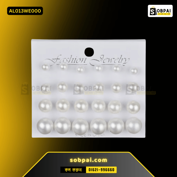 A 12-pair set of round simulated pearl stud earrings for women’s ear piercings.