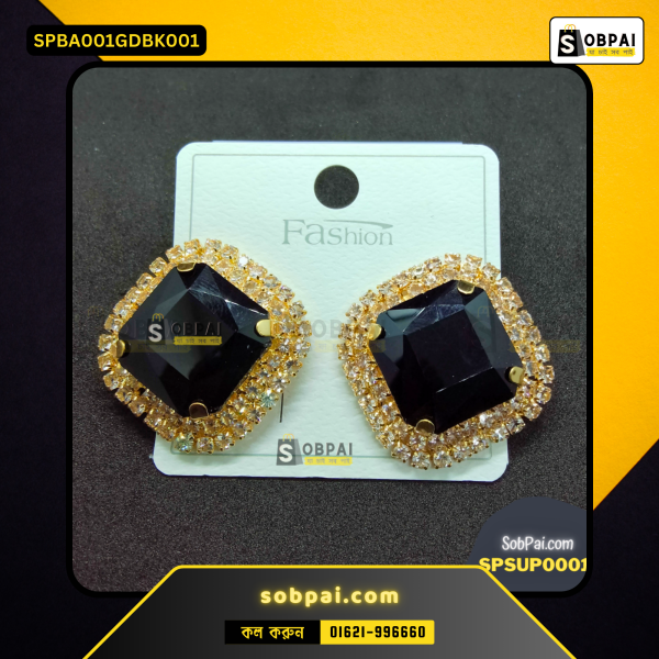 Gold color square stud earrings featuring black zircon stone, ideal for weddings and parties