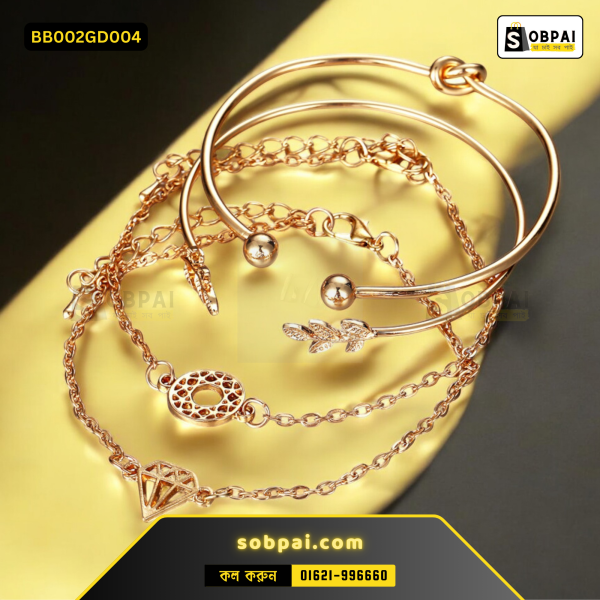 Gold bracelet set with leaf pendant and open knot designs for women.