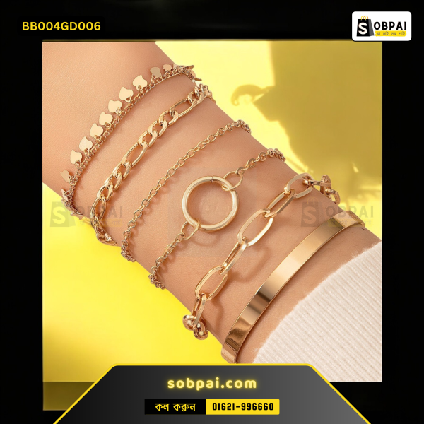 Gold chain and cuff bracelet set with geometric and tassel charm designs for women.