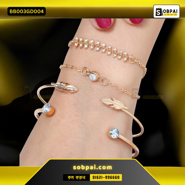 Gold crystal leaf bracelet set with geometric designs, 4 pcs for women.