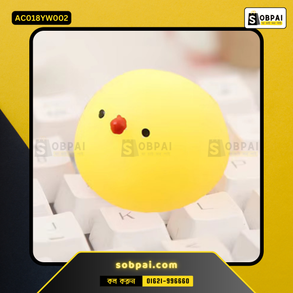 Mini squishy yellow chick stress relief toy.