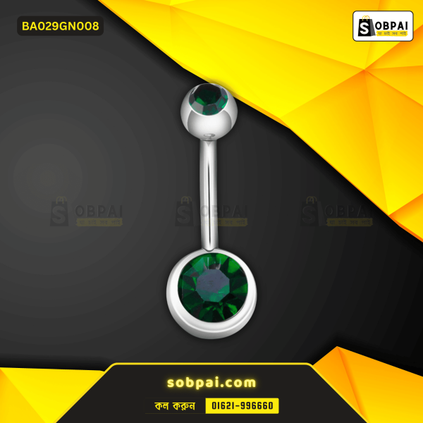 SobPai 14G green navel piercing with rhinestone dangle design.