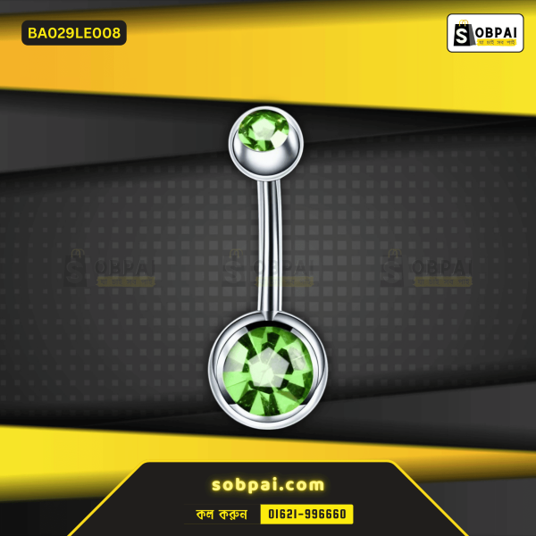 SobPai 14G lime navel piercing with rhinestone dangle design.