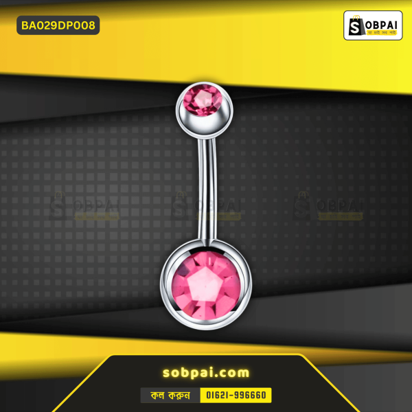 SobPai 14G navel piercing in stainless steel with dark pink rhinestone.