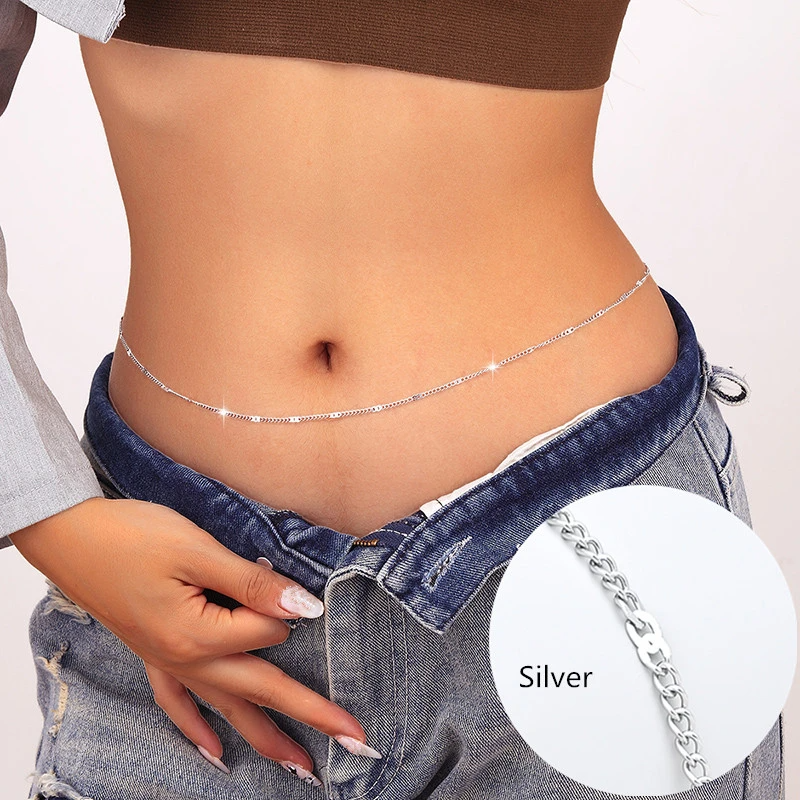 1pcs Silver Plated Ingot Waist Chain for Women, Summer Beach Jewelry, Gold Color Belly Chains, Simple Korean Fashion Body Jewelry Gifts - SobPai - Image 2